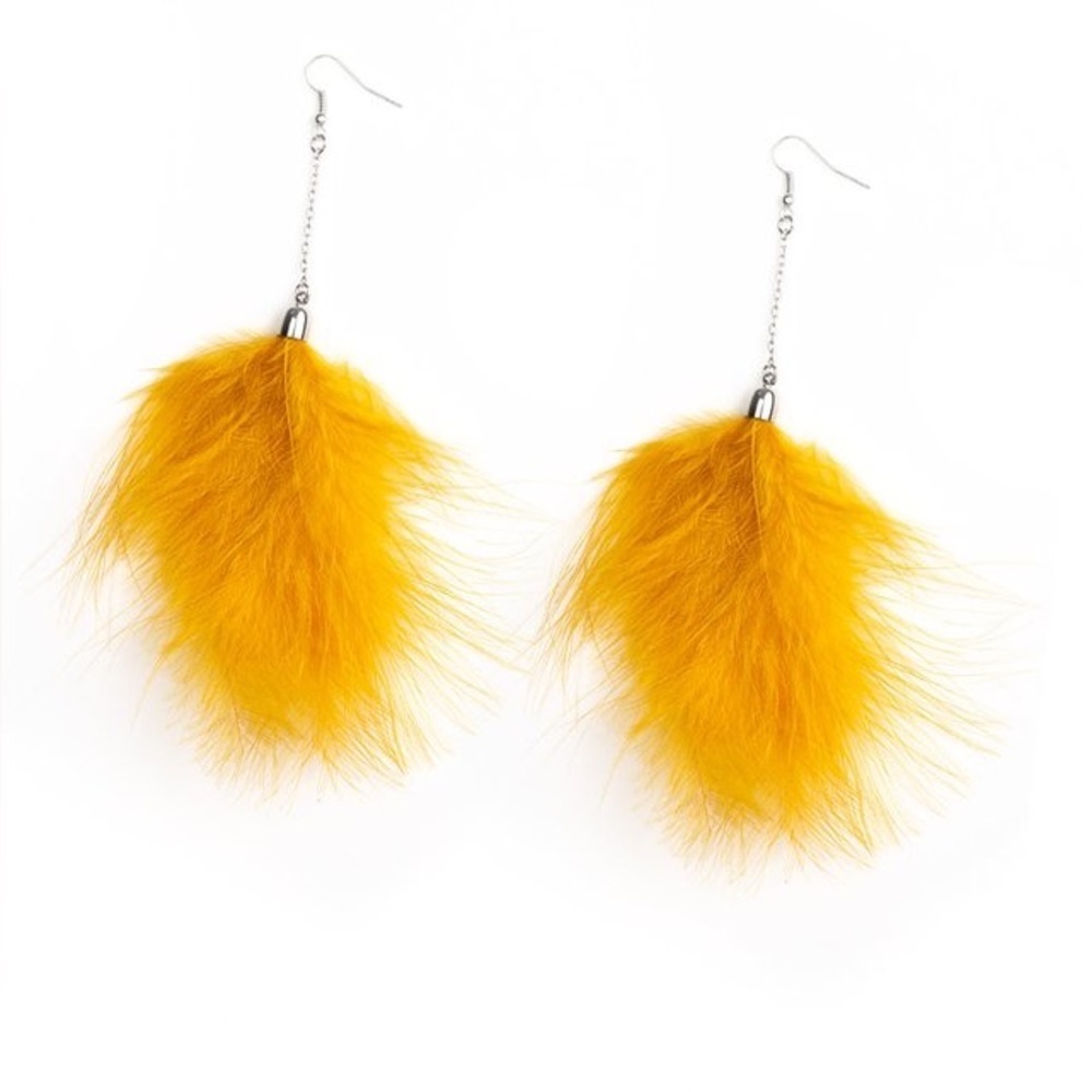 Yellow Feather Statement Earrings Drop Dangle Lightweight Fluffy Boho Trendy NEW